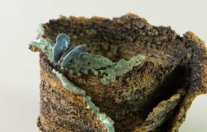 Brown Kusamono pot with blue butterfly and turquoise details